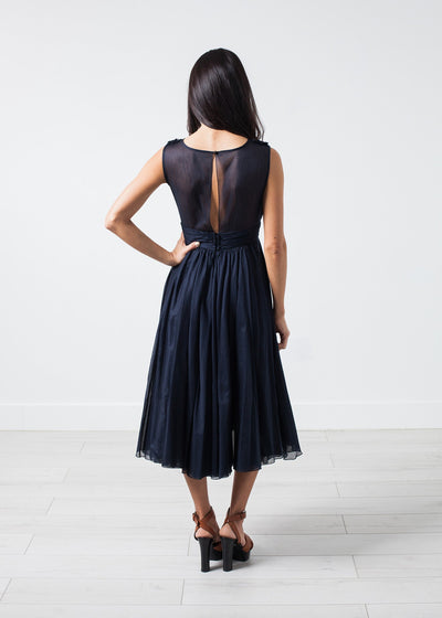 Voile V-Neck Dress in Navy