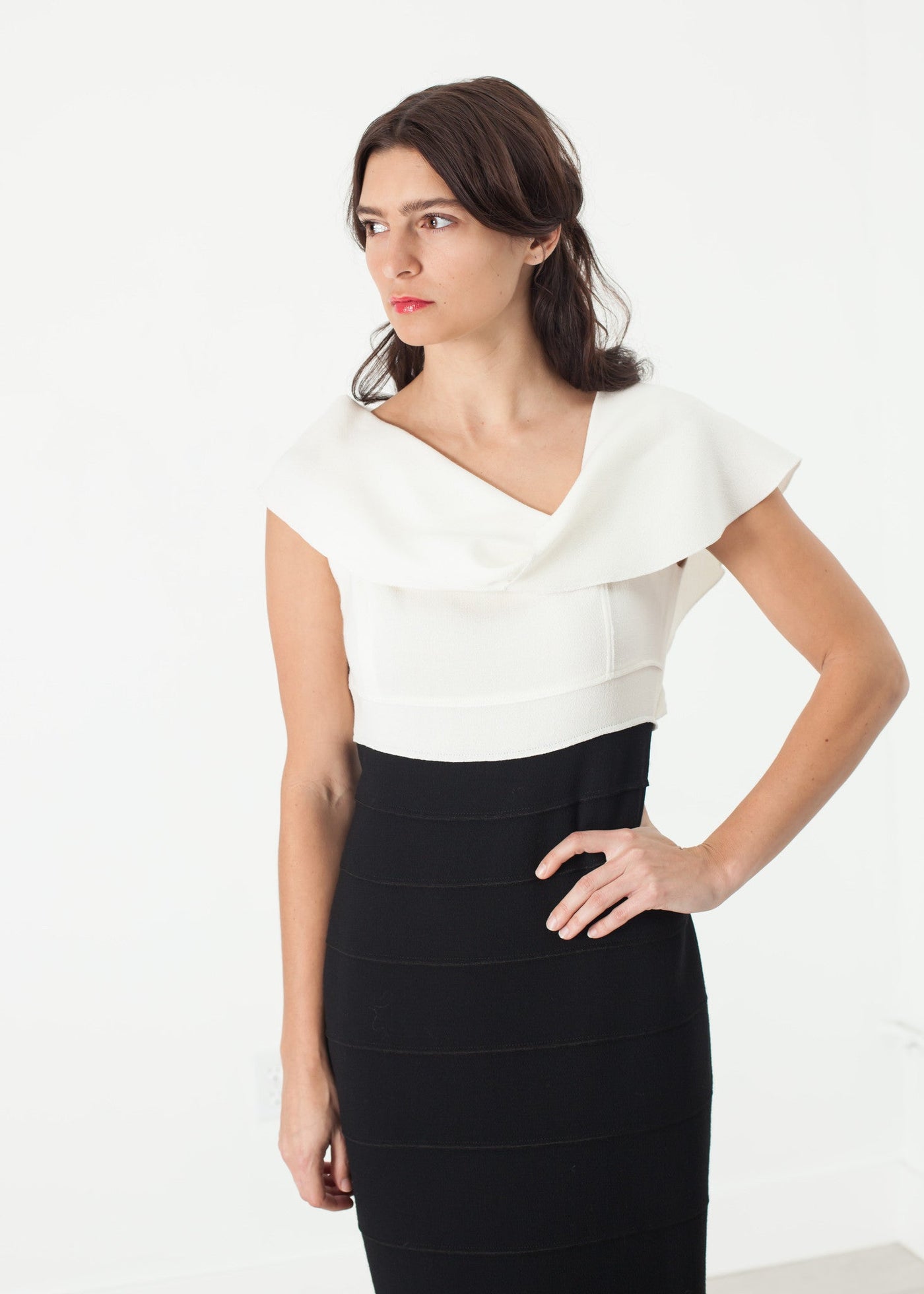 Asymmetric Dress in Cream/Black